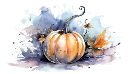 Watercolor painting of a Halloween pumpkin in light gray colours tones.