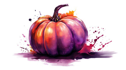 Watercolor painting of a Halloween pumpkin in maroon colours tones.