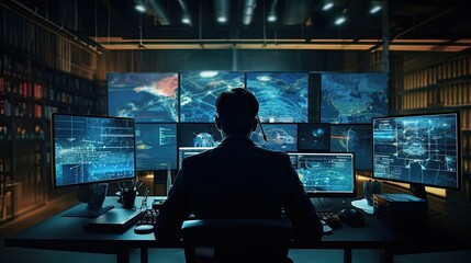 businessman in a suit looking at multiple monitors at night - obrazy, fototapety, plakaty