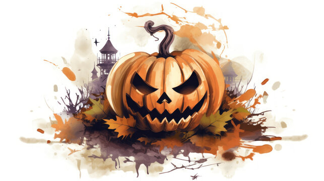 Watercolor painting of a Halloween pumpkin in brown colours tones.