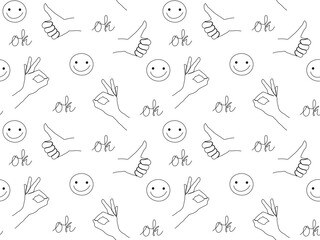 Seamless pattern of hands with gestures OK, everything is fine, everything is fine, life is beautiful, one continuous line art drawing