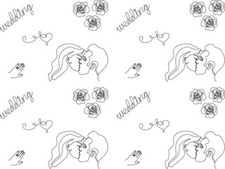 Seamless wedding pattern of roses, hearts and kissing lovers one continuous line art drawing
