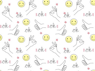 Seamless pattern of hands with gestures OK, everything is fine, everything is fine, life is beautiful, one continuous line art drawing