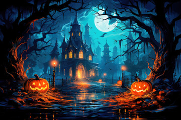 An abandoned scary house with pumpkins, a full moon, bats and fog. Pumpkins In The Cemetery On A Creepy Night, on a Halloween background. Generative AI