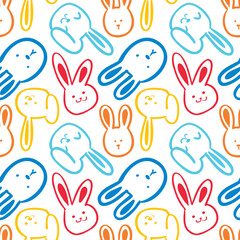 Seamless Pattern of Cartoon Rabbit Face Doodle Design on White Background
