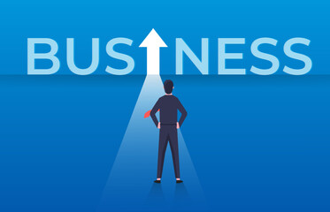Businessman standing in front of business arrow. Business opportunity dan career development.