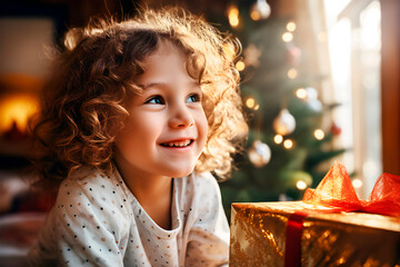 Hermoso niño recibe regalo con ilusión en casa en la mañana de Navidad con árbol de navidad al fondo.Emoción navideña. - obrazy, fototapety, plakaty