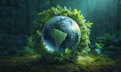 Obraz na płótnie Canvas Globe encircled by verdant forest flora, symbolizing nature, environment, sustainability, ESG, and climate change awareness