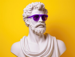 Ancient Greek man statue, wear sunglasses, smiling, minimal concept trend 
