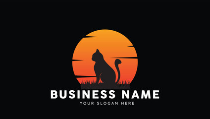 Vintage Retro Cat Sunset logo vector illustration.  