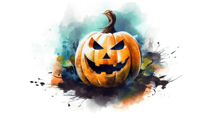 Watercolor painting of a Halloween pumpkin in white colours tones.