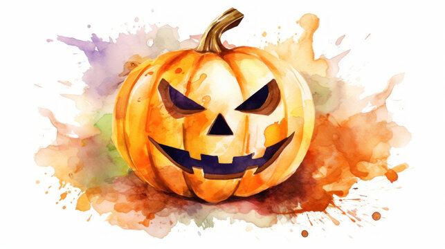 Watercolor painting of a Halloween pumpkin in white colours tones.