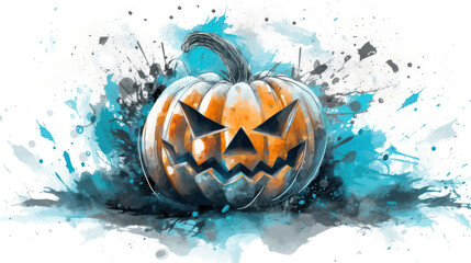 Watercolor painting of a Halloween pumpkin in cyan colours tones.
