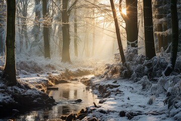 Melting snow and ice in the woodland with sunrays filtering through branches. Generative AI - obrazy, fototapety, plakaty