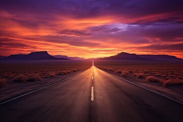 the sun is setting over a road in the middle of the desert, with a line of cars driving down the middle of the road. a road at sunset