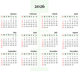 2026 calendar year vector illustration. week starts Sunday, Minimalist design template, wall calendar 2026 template, print media, advertisement