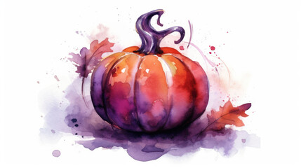 Watercolor painting of a Halloween pumpkin in dark maroon colours tones.