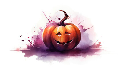 Watercolor painting of a Halloween pumpkin in dark maroon colours tones.