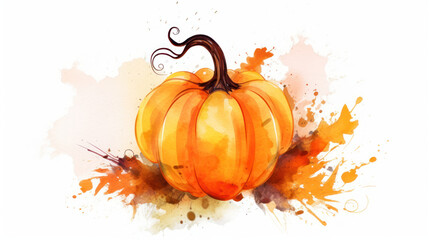 Watercolor painting of a Halloween pumpkin in dark orange colours tones.