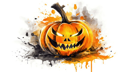 Watercolor painting of a Halloween pumpkin in dark orange colours tones.