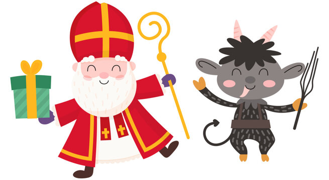 Happy and cute Saint Nicholas - Sinterklaas and Krampus celebrate Saint Nicholas Day - vector illustration isolated on transparent background