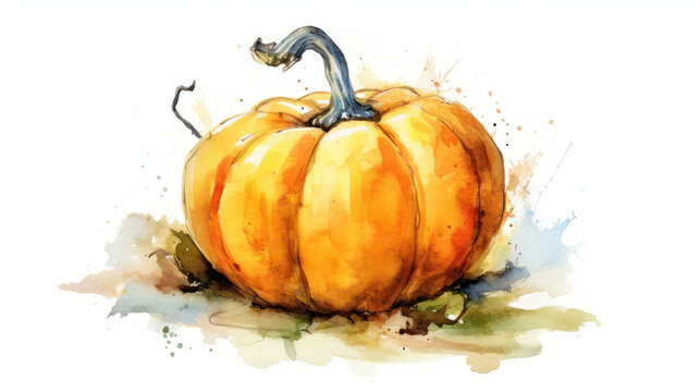 Watercolor painting of a Halloween pumpkin in light yellow colours tones.