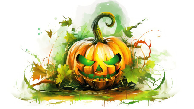 Watercolor painting of a Halloween pumpkin in vivid green colours tones.
