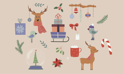 Set of winter elements. Christmas and New Year. Festive decor. Christmas trees, Christmas decorations, snowflakes, gifts, sleighs, deer