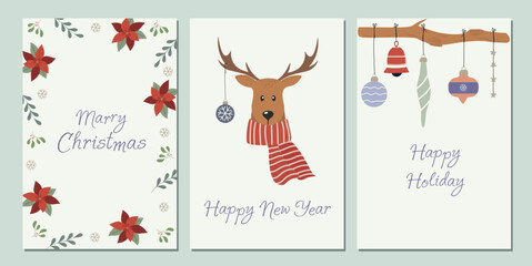 Set of postcards, invitations. Christmas and New Year. Festive banner. New Year's beauties. Winter flowers. Deer