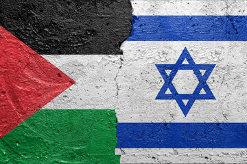 Palestina and Israel flag on broken concrete wall background