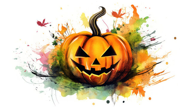 Watercolor painting of a Halloween pumpkin in colorful colours tones.