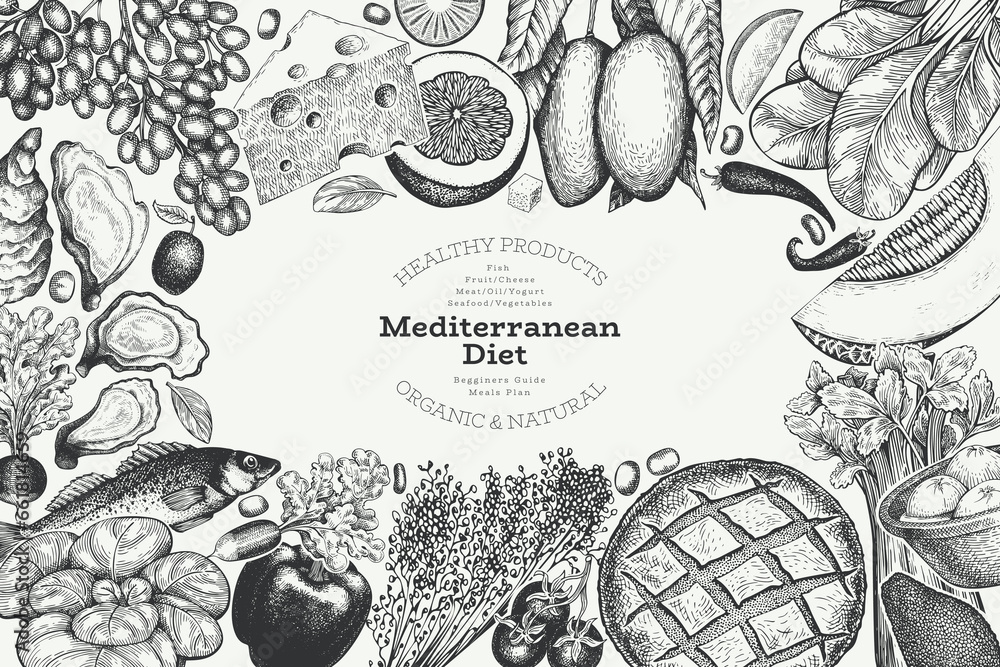 Wall mural mediterranean cuisine design template. vector hand drawn healthy food banner. vintage style menu ill