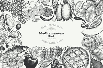 Mediterranean Cuisine Design Template. Vector Hand Drawn Healthy Food Banner. Vintage Style Menu Illustration. - 661814659
