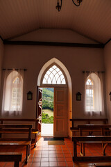 Interior of church, big windows, Azores islands.