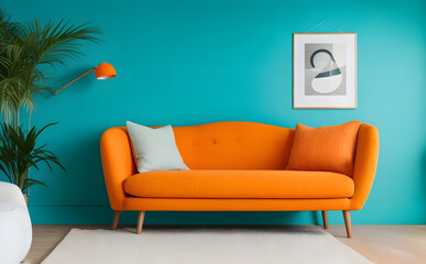 Colorful living room, modern shape sofa Beautiful, brightly colored walls make it lively.