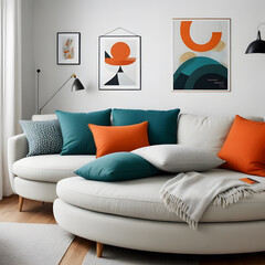 Colorful living room, modern shape sofa Beautiful, brightly colored walls make it lively.