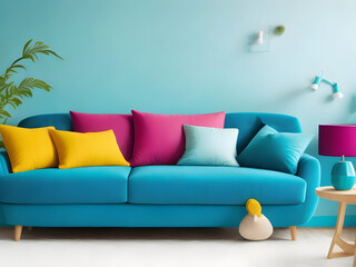 Colorful living room, modern shape sofa Beautiful, brightly colored walls make it lively.