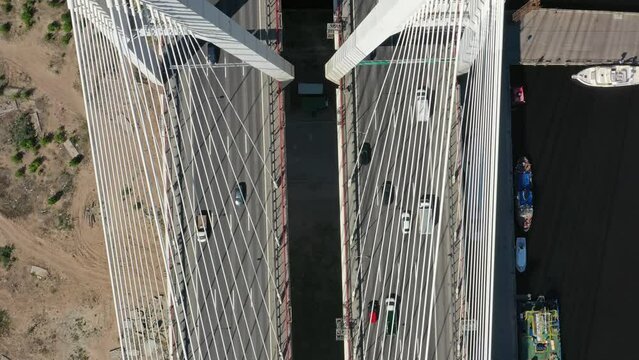 Aerial top view of cable-stayed bridge with cars in St.Petersburg, 4k