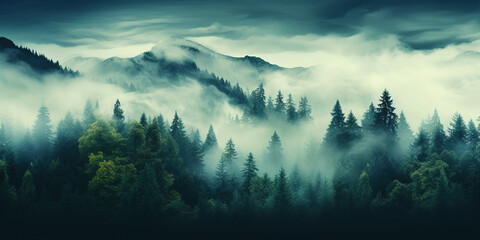 Misty mountain landscape with fir forest in vintage retro style. Generative AI