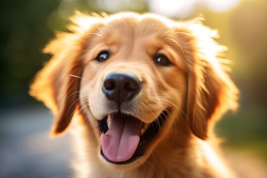 Primer plano de un perro sonriente y divertido. Bienestar animal. Cuidado de mascotas. 