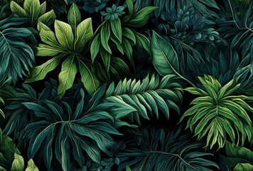 Seamless exotic plants leaves pattern in the style of 2D illustration - obrazy, fototapety, plakaty