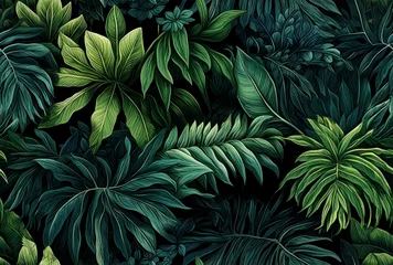 Fototapeten Seamless exotic plants leaves pattern in the style of 2D illustration © Denniro