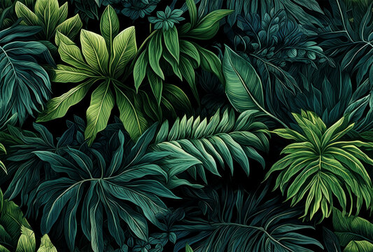 Seamless exotic plants leaves pattern in the style of 2D illustration