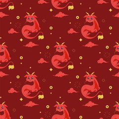 Seamless pattern chinese dragon, red cute 2024.