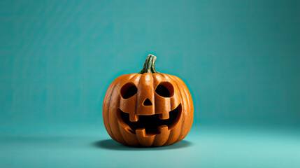 A Halloween pumpkin on a cyan background.