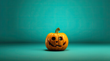 A Halloween pumpkin on a teal background.