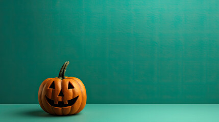 A Halloween pumpkin on a teal background.