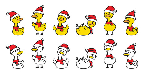 duck christmas vector santa claus hat icon red scarf logo cartoon character yellow rubber duck bird chicken symbol doodle isolated illustration design