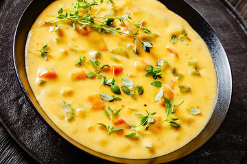 Beer cheese soup with vegetables and thyme