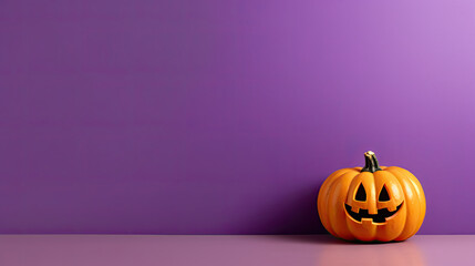 A Halloween pumpkin on a violet background.